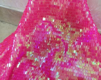 1 yard Neon Hot Pink Sequin Fabric,Sparkly Rectangular Sequins on Mesh for Dress Costumes,Iridescent Multi Color Sequin Fabric,