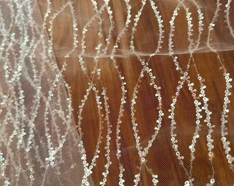 1Yard Wave Shiny Crystal Clear Sequin Lace,Gourd Transparent Sequins Embroidery on Mesh,Wedding Bridal Dress Gown Decor,Bridal Veil Gauze