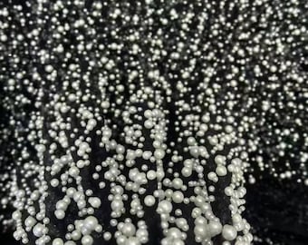 Tela de encaje con perlas blancas sobre negro, cuentas fijadas sobre malla lisa, capas de velo para vestido de novia, tela para vestido de noche con cuentas para fiesta de graduación