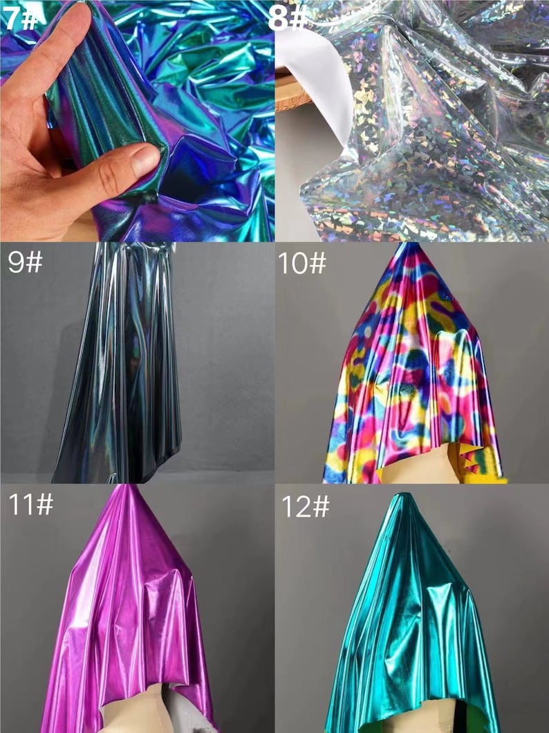 May include: A collection of iridescent fabric samples in various colors, including teal, purple, pink, and blue. The fabric has a shiny, metallic finish.