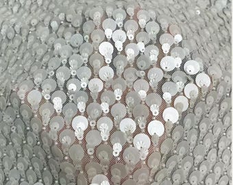 Off White Stretch Shell Sequin Bead Lace Fabric,Spandex Mermaid Sequin Lace For Prom Bridal Party Evening Dress Gown