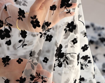 1 Yard Flower Tulle Lace Fabric,Flocked Design Lace Dress Fabric,Black Lace Fabric,Prom Dress Lace,Black Flower Veil Lace,Wholesale Fabric