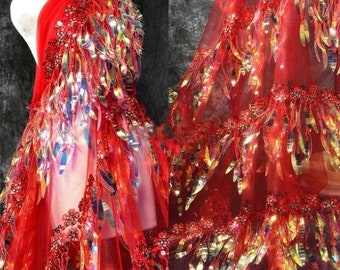 Tela de lentejuelas con flecos de 1 yarda, tela iridiscente con borlas rojas, tela de encaje floral 3D, ideal para vestidos de novia, disfraces, fiestas de graduación y otros eventos.