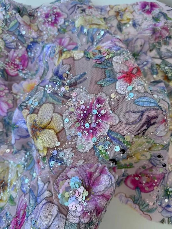 Pink Purple Flower Bead Lace Fabric,Embroidery Colorful Lace Fabric,Evening Stage Party Dress,Celebration Gown,Prom Party Wedding Dress