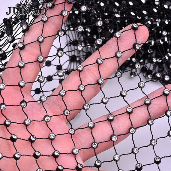 Wholesaleblack& White Rhinestone Fishnet,37 Rows Elastic Beads Lace  Fabric,clear Glass Crystal Lace Trim,sparkle Hollow Out Diamond Fabric 