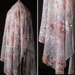 1Yards Embroidery Flower Sequin Fabric,Wedding Dress,Iridescent Sequin Dress Fabric,Colorful Flower Lace Fabric,3D Flower sequin Prom Dress