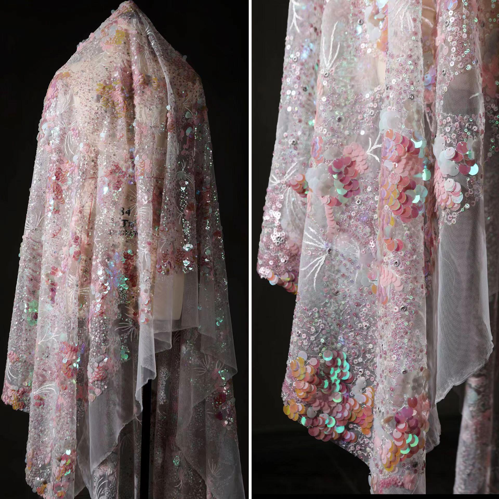 1Yards Embroidery Flower Sequin Fabric,Wedding Dress,Iridescent Sequin Dress Fabric,Colorful Flower Lace Fabric,3D Flower sequin Prom Dress