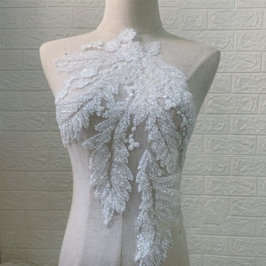 Kostenloser Versand!! 1PC Perlen Spitze Applikation, Off-White-Spitze Applikation, Hochzeitskleid Applikation, Braut Kleid, Perlen Spitze Stoff,