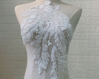 Free Shipping!! 1PC Beaded Lace Applique,Off-White Lace Applique,Wedding Dress Applique,Bridal Dress,Beaded Lace Fabric,