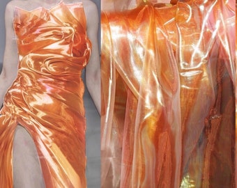 1Yard Orange Organza Fabric,Holographic Organza Fabric.Smooth Orange Tulle Fabric,Iridescent Gauze Farbic,Orange Mesh Fabric,By Yard