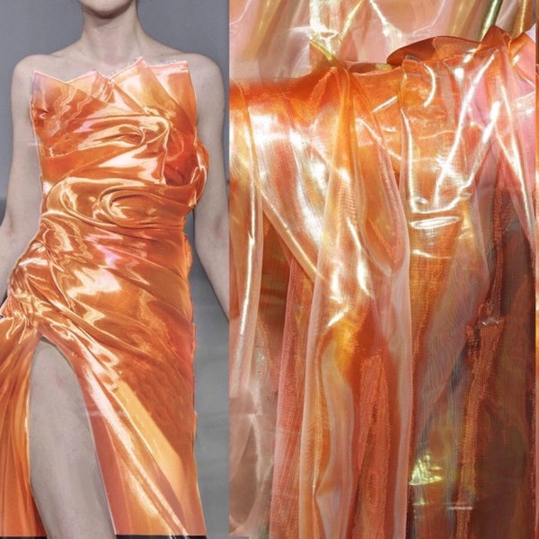 1Yard Orange Organza Fabric,Holographic Organza Fabric.Smooth Orange Tulle Fabric,Iridescent Gauze Farbic,Orange Mesh Fabric,By Yard