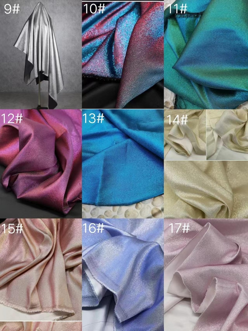 May include: Nine iridescent fabric swatches in various colors, including silver, blue, pink, and gold. The swatches are arranged in a grid pattern.