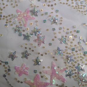 1 Yard Iridescent Pink Star Sequin Fabric,Iridescent Star Lace,Holographic Fabruc,Bridal Dress,Bridesmaid Dress,Flower Lace Dress