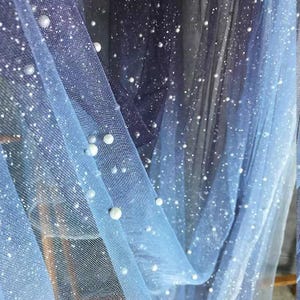 Gradient Blue Navy Glitter Pearls Tulle Fabric,Sparkle Starry Sky Bead Lace,Bridal Wedding Veil Dress Gown,Costume Gauze,Prom Party Dress