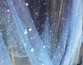 Farbverlauf Blau Marine Glitzer Perlen Tüll Stoff, Sparkle Sternenhimmel Perle Spitze, Braut Hochzeit Schleier Kleid Kleid, Kostüm Gaze, Abschlussball Party Kleid