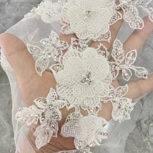 1PC Beaded Lace Applique,Embroidery Off White Lace Applique,Wedding Dress Applique,Bridal Dress,Beaded Lace Fabric,Bodice Applique,Veil lace