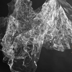 May include: A white abstract drawing of a mountain range on a black background. The drawing is made with a light, airy style, giving the impression of a mountain range made of clouds.