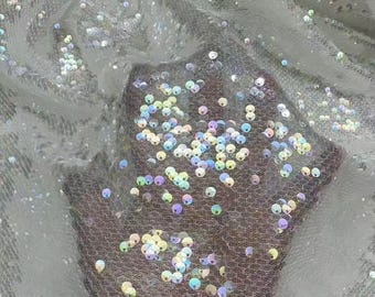 Tecido de lantejoulas iridescentes transparentes de 1 jarda, tecido de malha com lantejoulas de sereia para vestido de noiva para festa, tops, saias, cortina de fundo para eventos, decoração de casa