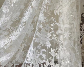 1 yarda de tela de encaje blanquecino de alta calidad, flores bordadas con encaje de lentejuelas de cristal, vestido de novia, encaje blanco, encaje para vestido de novia