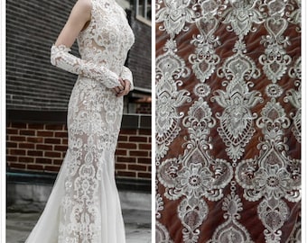 Tissu de dentelle de sequin perlé de haute qualité de 1 yard, tissu de robe de perles, dres de mariée de mariage, tissu Français de dentelle, tissu de Couture de Houte,