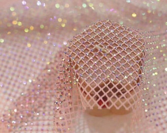 Rainbow Rhinestone Fabric,AB Iridescent Rhinestone on Net Fabric,Sparkle Hollow Out Diamond Fish Net Fabric,Stretch Fabric