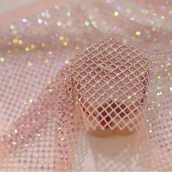 Rainbow Rhinestone Fabric,AB Iridescent Rhinestone on Net Fabric,Sparkle Hollow Out Diamond Fish Net Fabric,Stretch Fabric