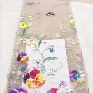 1Yard Floral Lace Fabric,Colorful EmbroideryTulle Fabric,Bridal Dress Lace,Wedding Dress Fabric,Vintage Apparel Lace,Bridal Veil,Flower Veil Beige Background