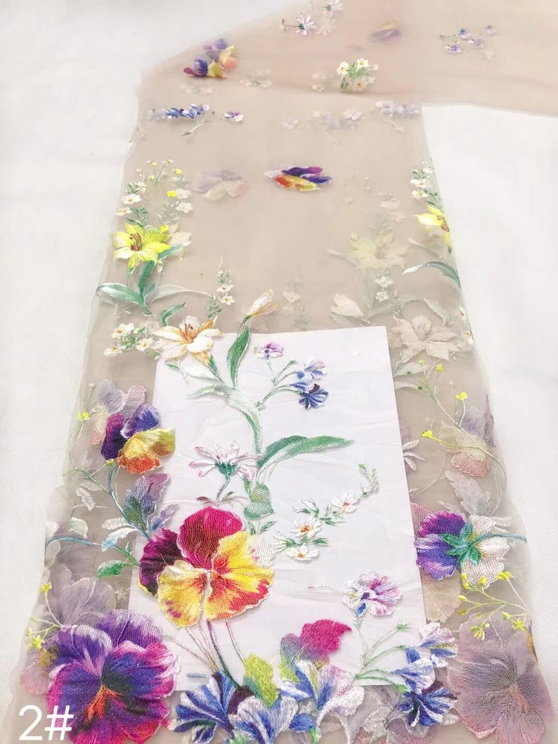 1Yard Floral Lace Fabric,Colorful EmbroideryTulle Fabric,Bridal Dress Lace,Wedding Dress Fabric,Vintage Apparel Lace,Bridal Veil,Flower Veil Beige Background