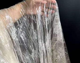 1Yard Clear Lightning Sequin Lace Fabric,Off White Sequin Tulle Bridal Lace Fabric for Bridals,Veils,Gowns,Wedding Overlay,Close,Bridal Veil
