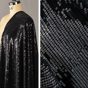 1Yard Shiny Black Sequin Fabric,3mm Sequins Embroider on Mesh/Velvet/Knit,Shiny and Sparkly Fabric,Black Lace Fabric,Costume Dress Fabric