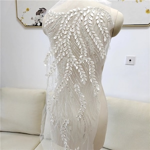 1PC Beaded Leaf Lace Applique,3D Flowers Fabric,Off-White Leaf Lace Fabric,Wedding Dress Applique,Bridal Dress,Beaded Lace Fabric,Lace Veil,