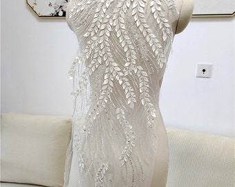 1PC Beaded Leaf Lace Applique,3D Flowers Fabric,Off-White Leaf Lace  Fabric,Wedding Dress Applique,Bridal Dress,Beaded Lace Fabric,Lace Veil,