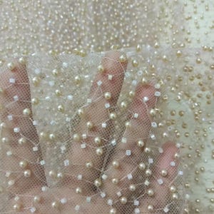 Light Gold Pearls Beads Lace Fabric,Champagne Embroidered Mesh Bead Lace for Wedding Bridal Prom Party Dress,Custom Gowns Veils,Kimono Dress