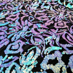 New!! 1Yard Iridescent  Floral Mermaid Sequin Fabric,Iridescent Sequins Embroidery on Soft Velvet Fabric,Holographic Sequin Fabric