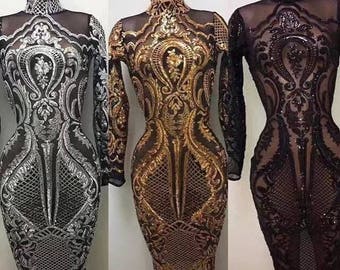 May include: Three long-sleeved dresses with a high neck and a fitted silhouette. The dresses are made of a sheer fabric with a sequined pattern. The dresses are available in silver, gold, and black.