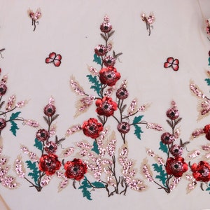 1 Yard 3D Floral Sequin Fabric,3D Red Flower Dress Fabric,Embroidery Mesh Sequin Fabric,Prom Dress Fabric,Vintage Wedding Dress Sequin Lace