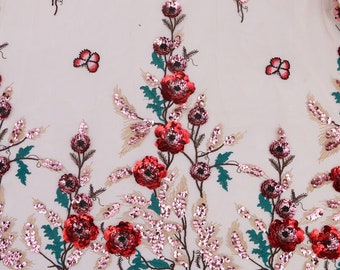 1 Yard 3D Floral Sequin Fabric,3D Red Flower Dress Fabric,Embroidery Mesh Sequin Fabric,Prom Dress Fabric,Vintage Wedding Dress Sequin Lace