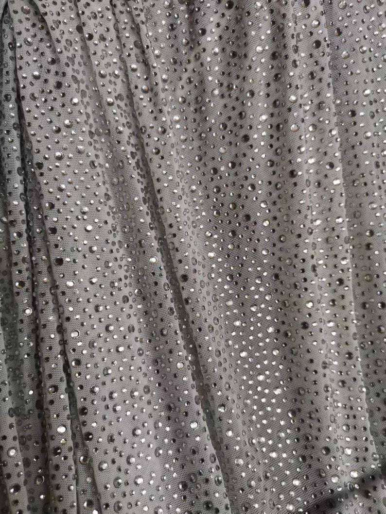 4Way Stretch Heavy Crystal Rhinestone Fabric,Crystal Silver Rhinestone Stick on Soft Tulle,Sparkle Bead Lace,Party Dress,Prom Party Dress image 4