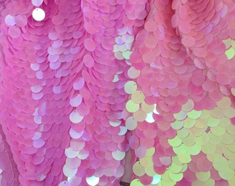 New!1Yard Iridescent Peach Round Sequin Fabric,Coral Dangling Drop Mermaid Sequin Fabric,18MM Circular Sequin on Pink Mesh,Unicorn Kimono,