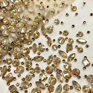Gold Rhinestone Fabric,Barcode Strip Pattern of 3D Mix Shape Rhinestone,Heavy Bead Glass Diamond Lace for Prom Party Evening Bridal Dress