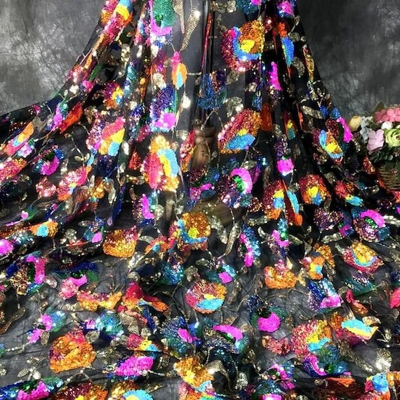 1 Yard 3D Floral Fabric,,colorful Embroidery Soft Mesh Sequin Fabric,prom  Dress,black Lace Fabric,sequin Dress,layers Flower Gauze Fabric - Etsy