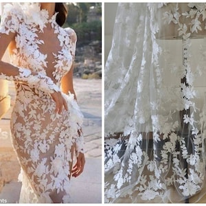 Tessuto in pizzo floreale da 1 metro, fiori ricamati di alta qualità con paillettes di cristallo, velo da sposa, abito da sposa, pizzo bianco, abito da sposa