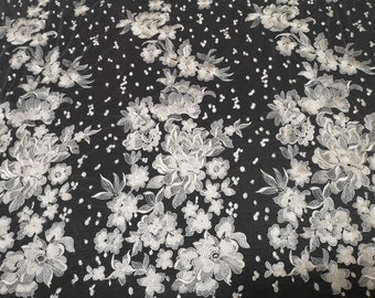 1Yard High Quality Off-White Big Flower Lace Fabric,Shiny Sequin Lace,Bridal Dress,Embroidery Floral Lace,Bride Robe with 3D flowers