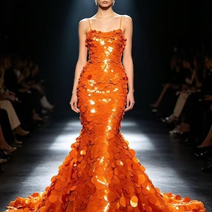 Puede incluir: Un vestido largo de color naranja vibrante con un corpiño ajustado de tirantes finos y una falda acampanada estilo sirena. Toda la superficie del vestido está cubierta de lentejuelas circulares, reflectantes y superpuestas.