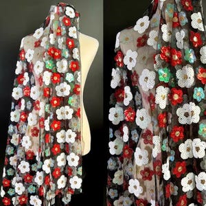 1Yard Flower Sequin Fabric,Colorful Flowers Sequin Mesh Fabric,Embroidery Multi Color Sequin Lace,Wedding Bridal Bridesmaid Dress,Girl Dress
