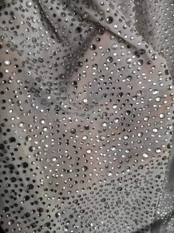 4Way Stretch Heavy Crystal Rhinestone Fabric,Crystal Silver Rhinestone Stick on Soft Tulle,Sparkle Bead Lace,Party Dress,Prom Party Dress