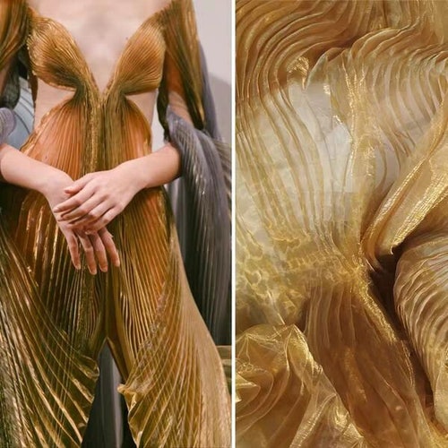 1Yard Iridescent Gold Pleated Fabric,Fold Magic Organza Fabric,Soft&Smooth Ruff Lace Fabric,Mermaid Dress,Wholesale DIY Supplies