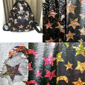 New!!1yard Stars&Moon Flip Sequin Fabric,Hologram Reversible on Mesh Sequin Fabric,Two-Tone Flip up Same color Mermaid Sequin Fabric