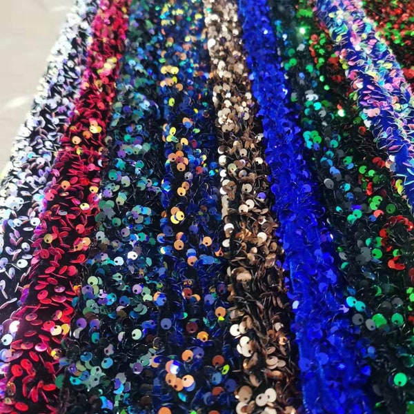 1Yard Velvet Sequin Fabric,3D Sequins on Strech Velvet Fabric,Iridescent Sequin Lace,Colorful Sequin,Prom Party Dress,Houte Couture Fabric
