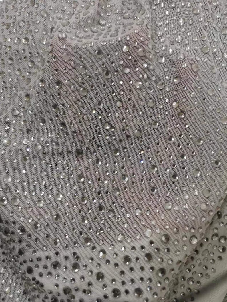 4Way Stretch Heavy Crystal Rhinestone Fabric,Crystal Silver Rhinestone Stick on Soft Tulle,Sparkle Bead Lace,Party Dress,Prom Party Dress image 2
